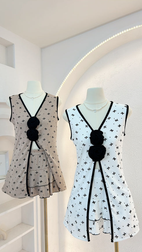 G-Rose Bow Print V-neck Rose Decor Tops With Mini Skirts